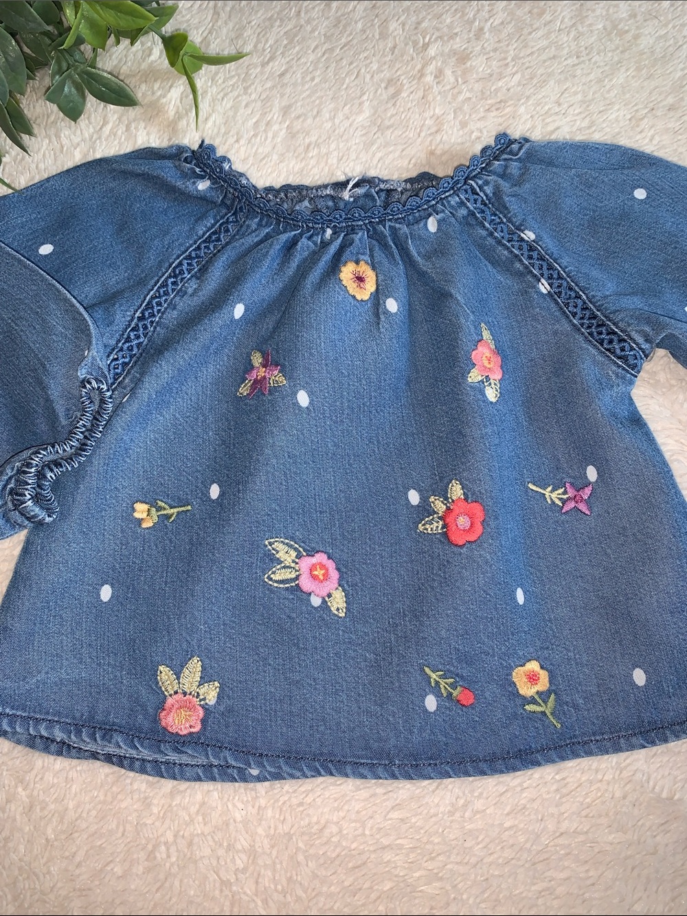 Peek Denim Chambray Embroidered Floral Top 3-6M Baby Girl EUC